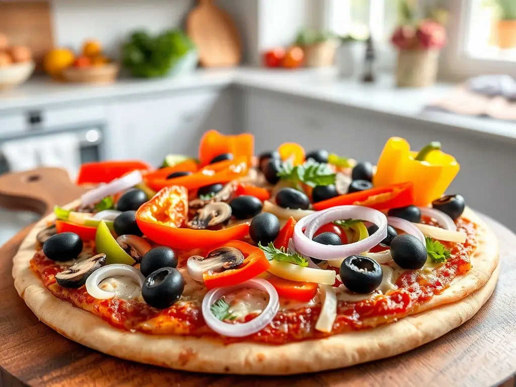 A visually appealing image of a Vegetarian Supreme pizza, highlighting colorful vegetables such as bell peppers, mushrooms, olives, and onions, arranged artfully on a cheesy crust.