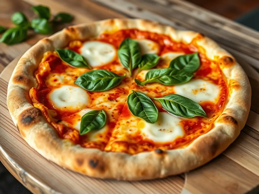 A vibrant, high-resolution image of a Margherita pizza with fresh basil leaves, melted mozzarella, and a perfectly baked crust, presented on a rustic wooden board in a warm, inviting setting.
