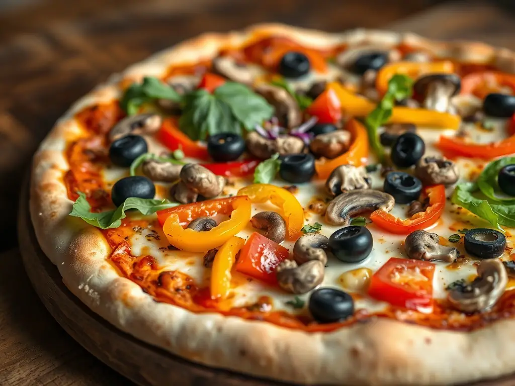 A vibrant image of a vegetarian pizza topped with colorful vegetables such as bell peppers, mushrooms, olives, and onions, emphasizing its freshness and healthiness.