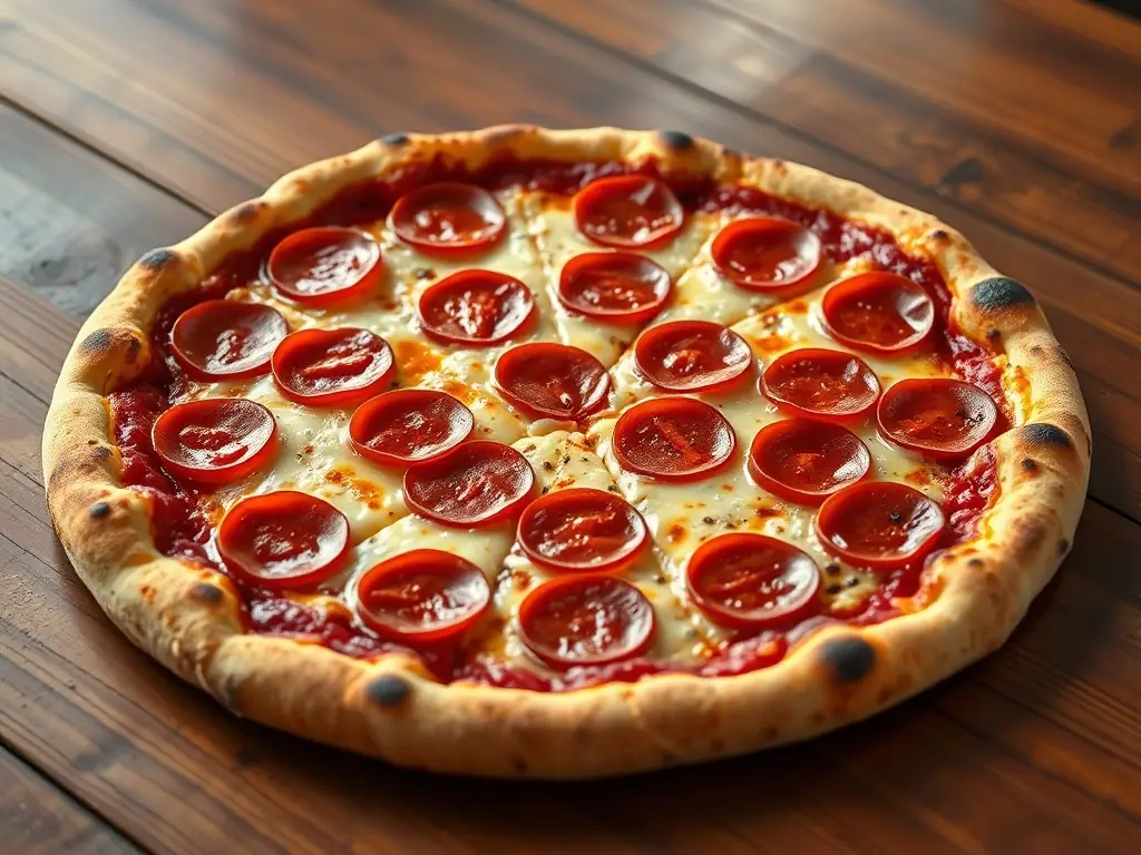 An image of a pepperoni pizza with generous slices of pepperoni, melted cheese, and a slightly charred crust, highlighting its savory appeal.
