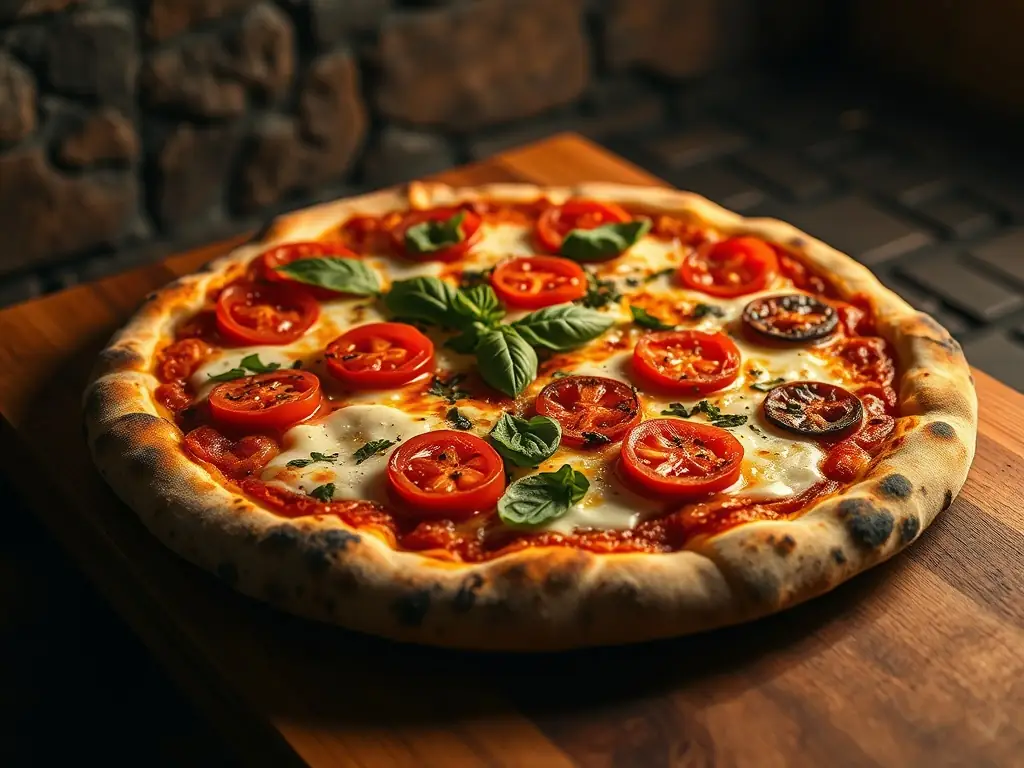 A mouth-watering image of a Pepperoni Feast pizza, showcasing generous slices of pepperoni, melted cheese, and a perfectly golden crust, set against a backdrop of a bustling pizza kitchen.
