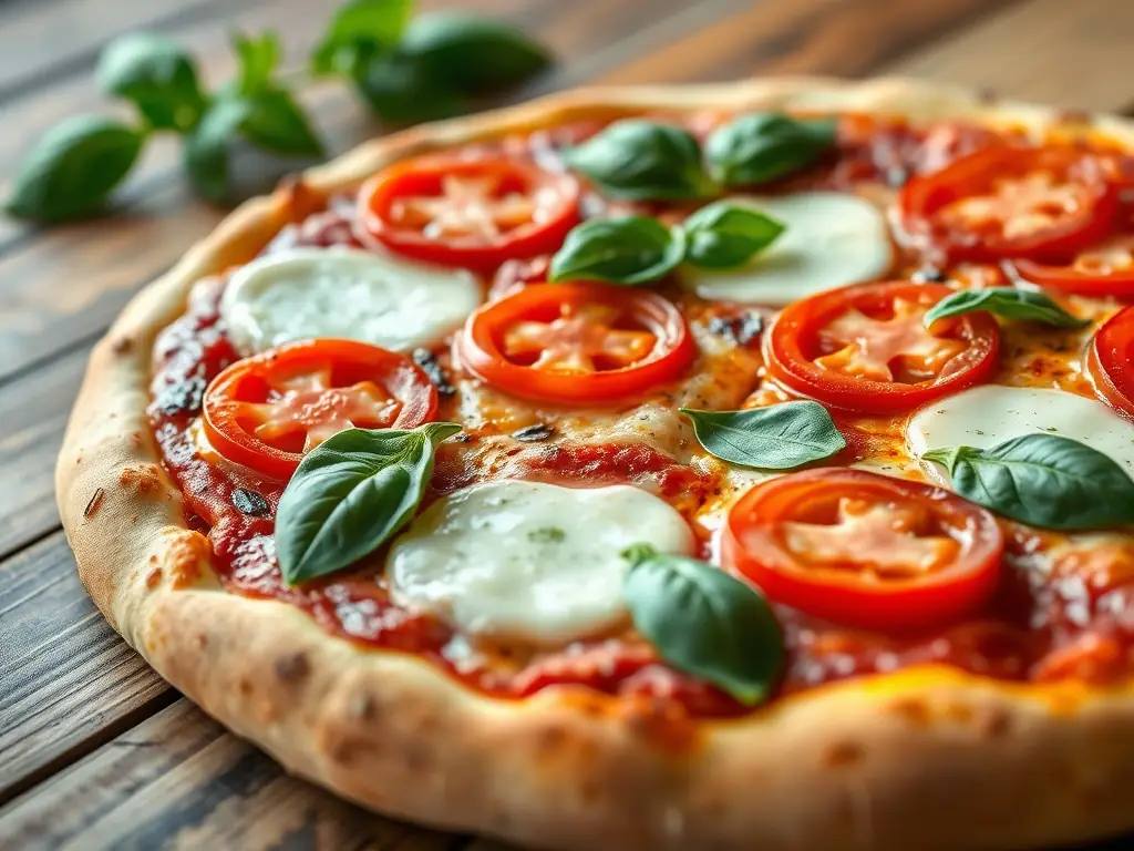 A close-up shot of a Margherita pizza with fresh basil leaves and melted mozzarella cheese, showcasing its vibrant colors and inviting texture.